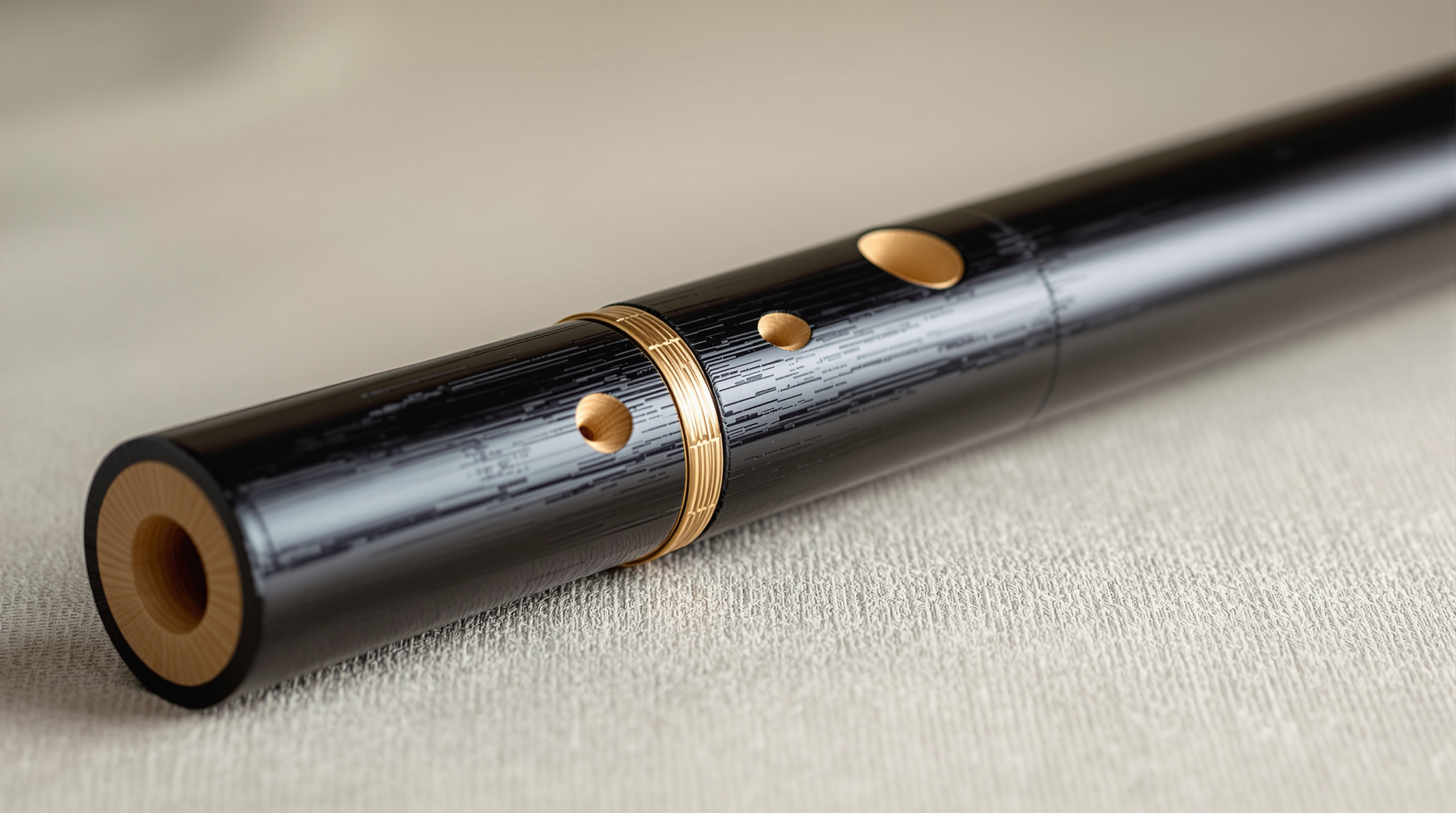 Black flame-cured bamboo shakuhachi showing finger holes and bindings